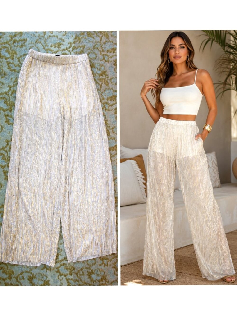 THE ldrs Sheer Wide-leg Metallic Pants Size XS Shimmering Gold Design Chick USA